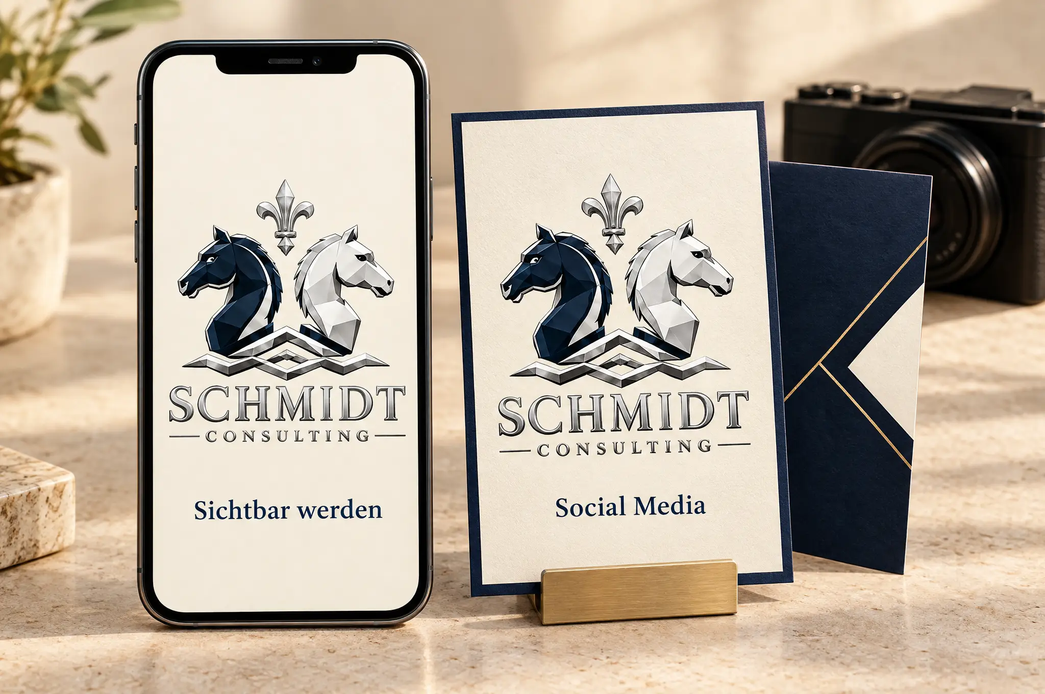 KI-generiertes Beispielmotiv: Smartphone und Social-Media-Karten mit dem Schmidt-Consulting-Logo.